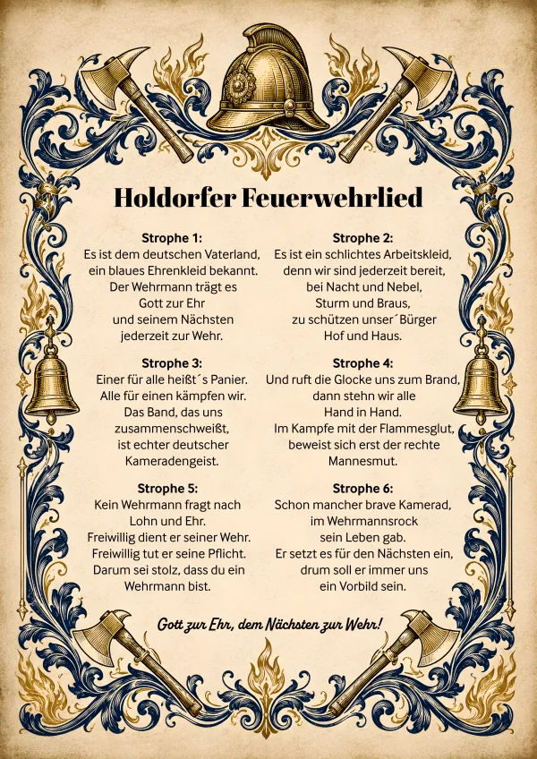 Liedblatt „Holdorfer Feuerwehrlied“ mit sechs Strophen in zwei Spalten, eingefasst von einem verzierten Rahmen mit Feuerwehrhelm, Äxten, Glocken und Flammen.