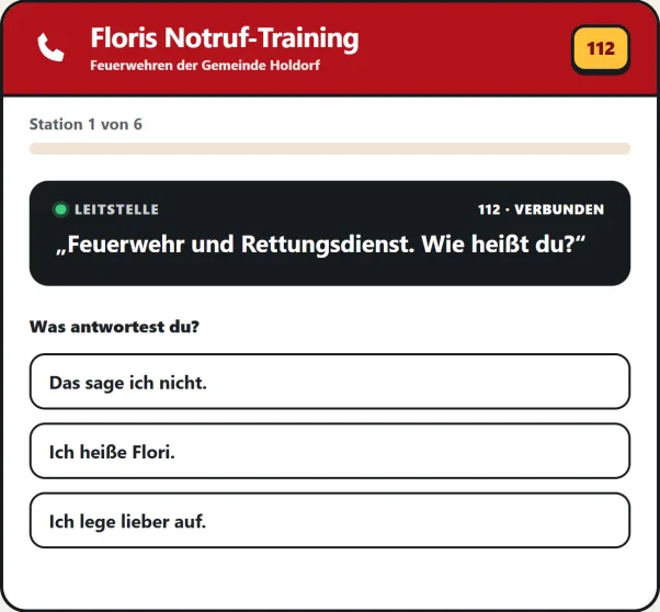 Erste Station des Notruf-Trainings: Die Leitstelle fragt über die 112 „Feuerwehr und Rettungsdienst. Wie heißt du?“, darunter drei Antworten zur Auswahl.