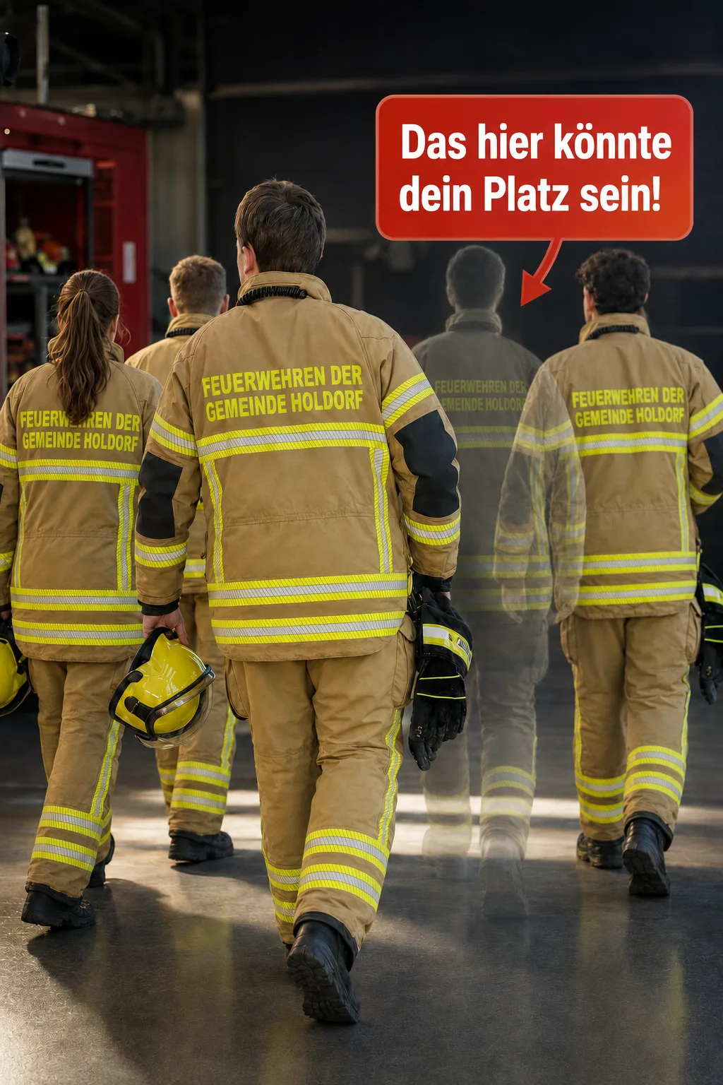 Vier Einsatzkräfte in Einsatzkleidung mit der Aufschrift „Feuerwehren der Gemeinde Holdorf“ gehen von hinten gesehen durch eine Fahrzeughalle. Zwischen ihnen eine fünfte, durchscheinende Gestalt, darüber die Sprechblase: „Das hier könnte dein Platz sein!“