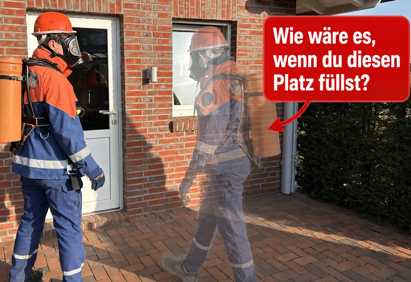Ein Mitglied der Jugendfeuerwehr mit Helm, Maske und Atemschutz-Übungsgerät steht vor einem Klinkergebäude. Daneben eine durchscheinende zweite Gestalt, dazu die Sprechblase: „Wie wäre es, wenn du diesen Platz füllst?“