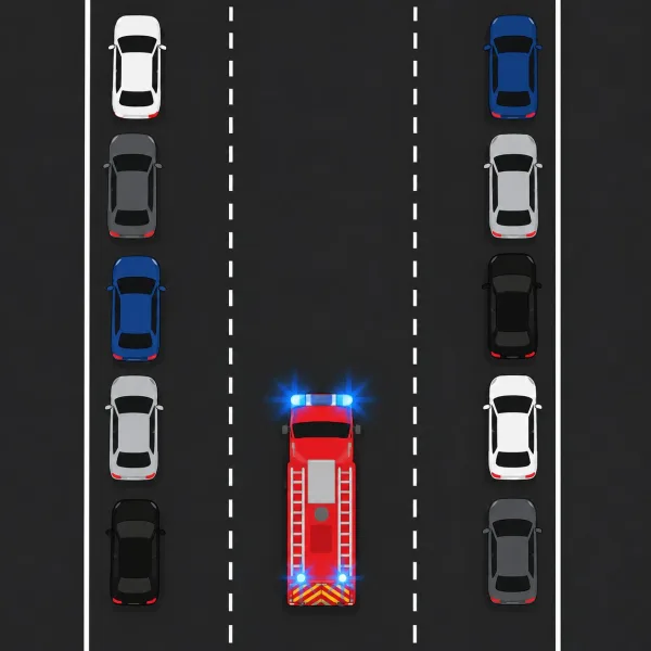 Grafik von oben: dreispurige Straße im Stau, die Autos weichen nach links und rechts aus, in der Gasse dazwischen fährt ein Löschfahrzeug mit Blaulicht.